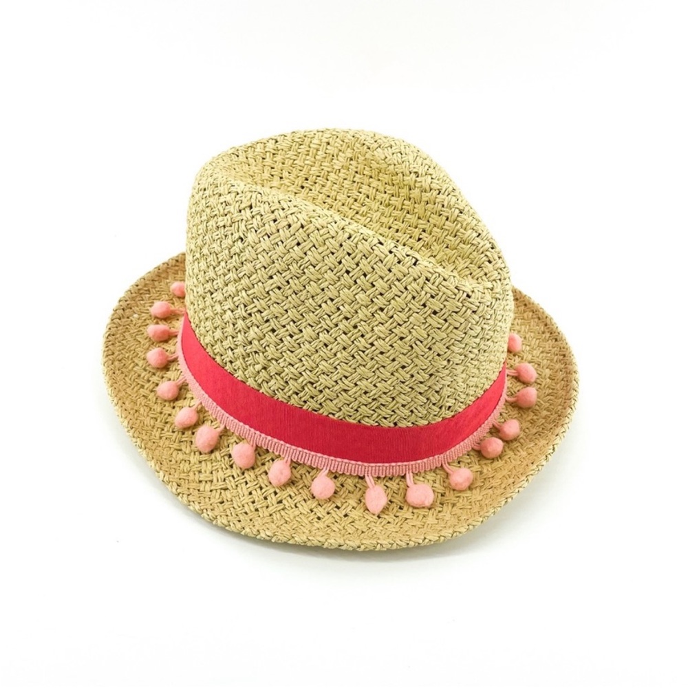 NWT QUAGGA Green Label Fedora Straw
Sun Hat w/Pom Trim in Pink.Adjustable Size.
